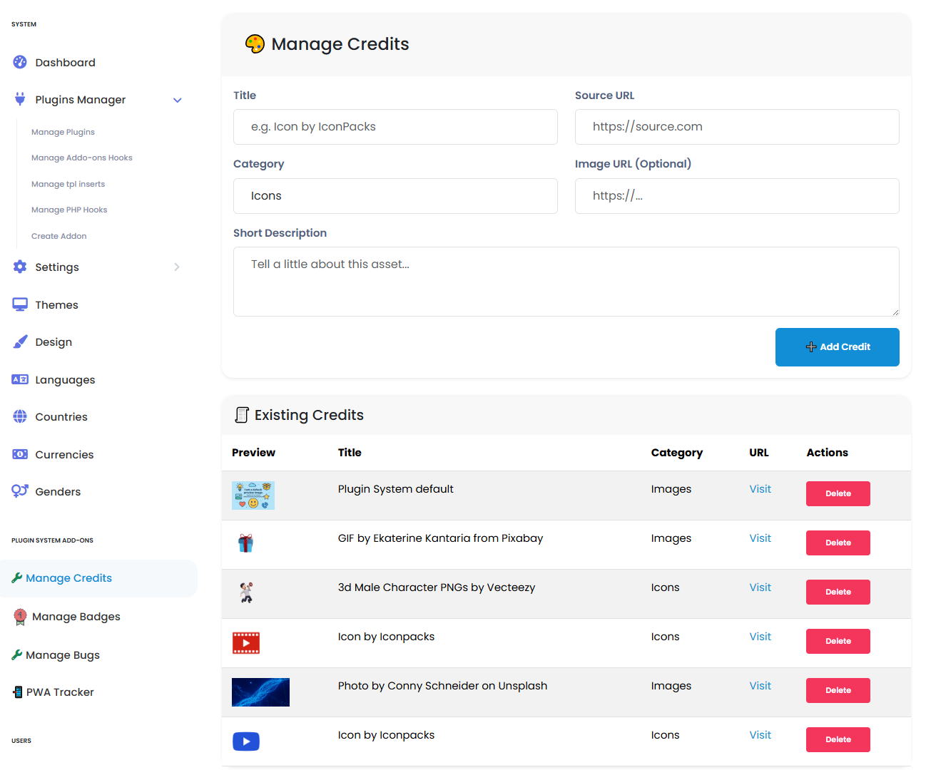 Assets Credits/Attribution Sngine Add-on