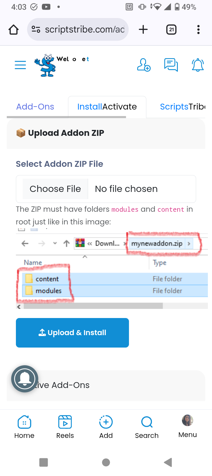 Again! Installing an addon with include a page and admin page. 