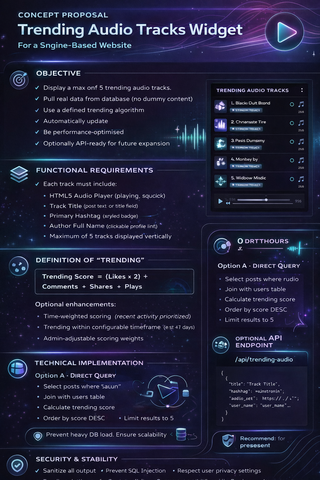 A sleek, dark-themed infographic presenting a concept proposal for a "Trending Audio Tracks" widget for a Sngine-based website. Includes sections on objectives, functional requirements, trending score formula, technical implementation options, optional API endpoint, and security & stability measures, all visually organized with icons, mockups, and modern design elements.