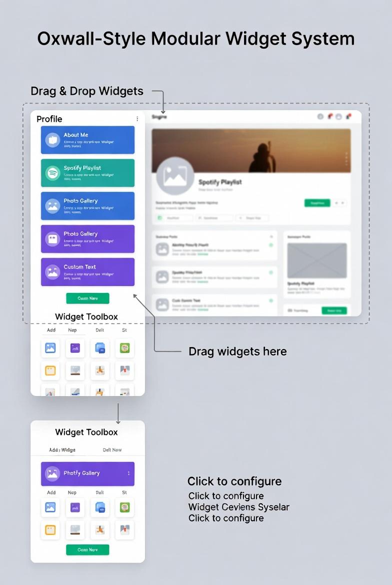 Infographic illustrating an Oxwall-style modular widget system for Sngine. On the left is a 'Widget Toolbox' containing draggable widget blocks: About Me (blue), Spotify Playlist (green), Photo Gallery (green/purple), and Custom Text (purple). On the right is a mockup of a profile page in edit mode, showing these widgets already placed in the sidebar and main content area — including an About Me section, embedded Spotify player, photo gallery grid, and custom text block. Arrows and labels demonstrate dragging widgets from the toolbox to the page layout. Title at the top reads 'Oxwall-Style Modular Widget System