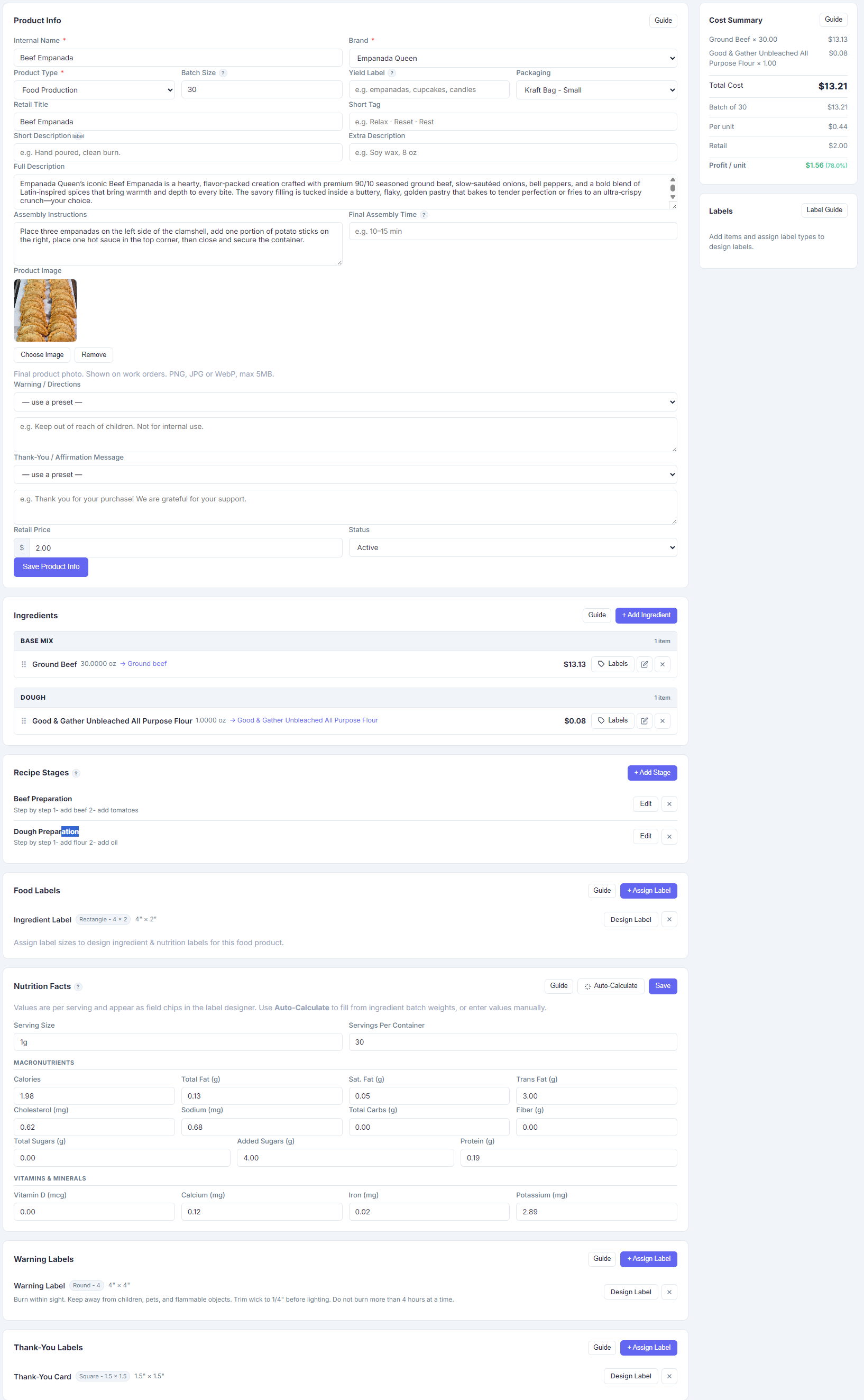 Food production calculator with recipe costing and nutrition fields