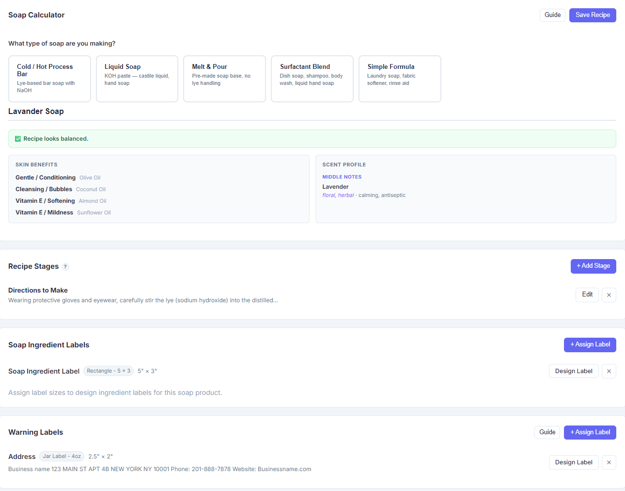 BulkWork Suite soap calculator showing NaOH and KOH output with oil percentages