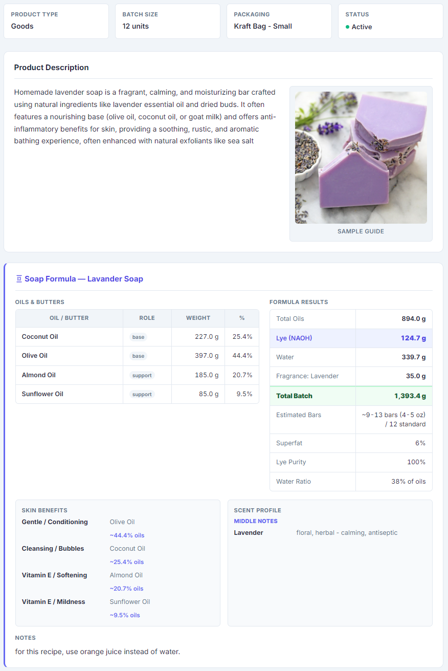 BulkWork Suite detailed work order with batch costing, quantities, and recipe stages